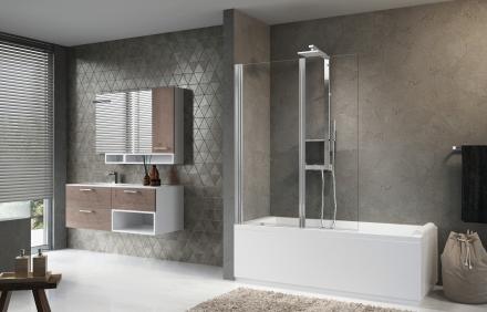 AURORA 2 - Pare-baignoire à 2 panneaux pivotants réversible : 1 fixe + 1 pivotant - Ep. du verre : 6 mm pour la partie fixe et 5 mm pour l'élément pivotant